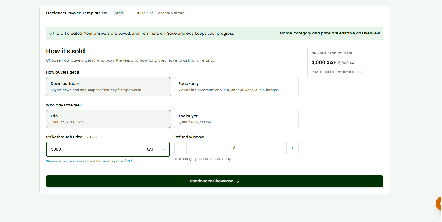 The "How it's sold" screen with access mode, fee, and refund window