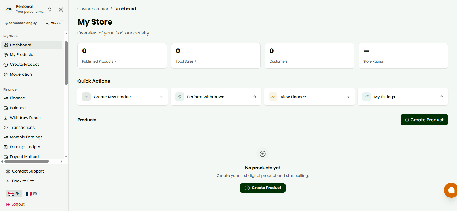 The Products list with the Create Product button, and the wizard's first screen
