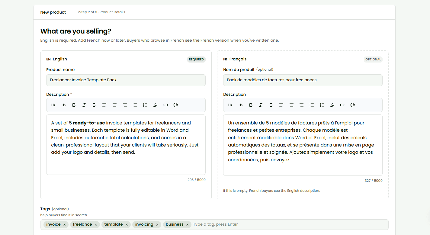 The "What are you selling?" screen with the English and French fields side by side