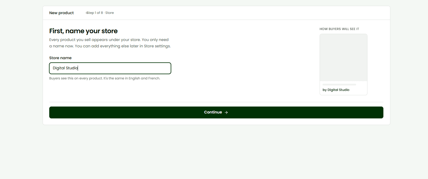 The "First, name your store" screen with the store name field