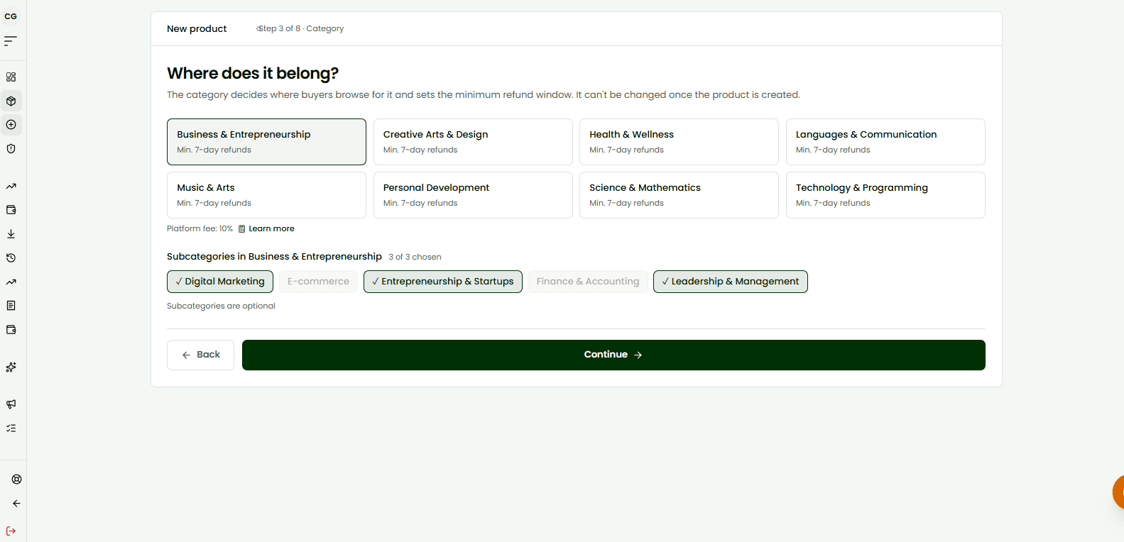 The category grid with a category selected and its subcategories showing