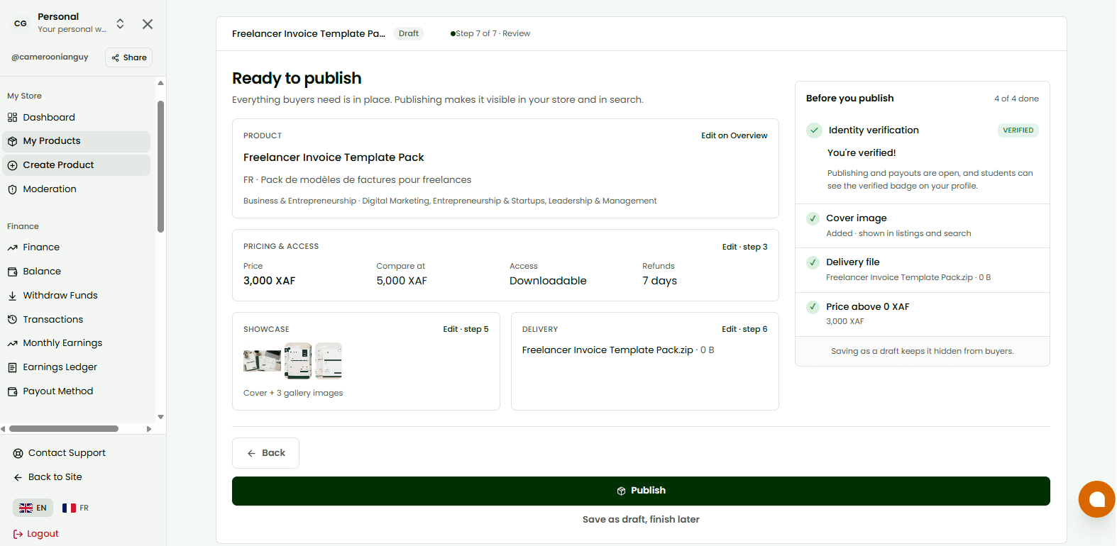 The review screen with the publish checklist and identity verification status