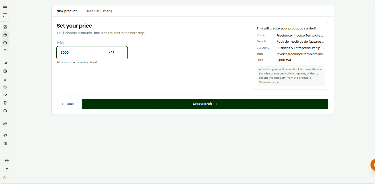The price field with the draft summary card, right before clicking Create draft and continue