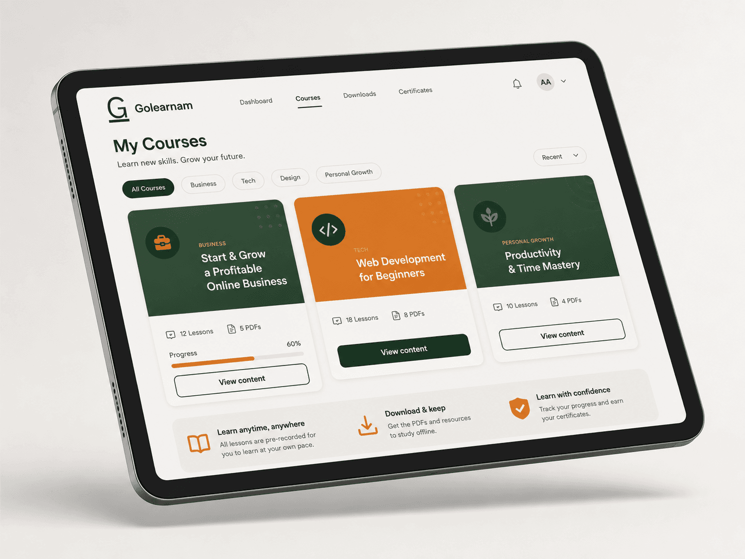 Golearnam course player showing a video lesson and PDF materials