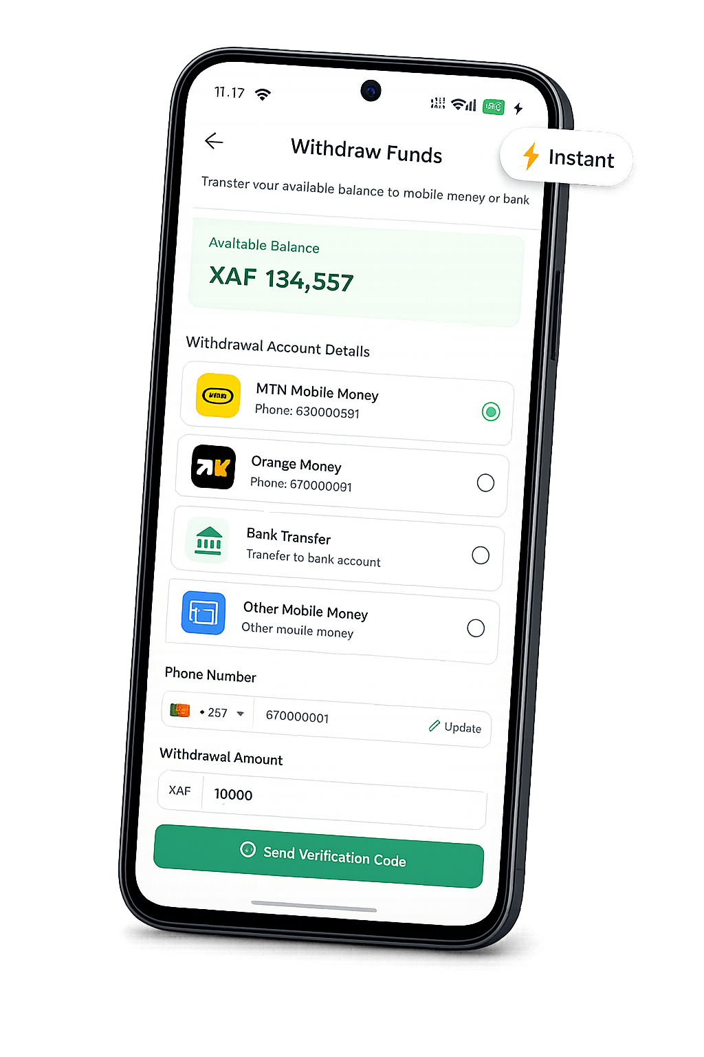 Golearnam instant withdrawal screen on mobile