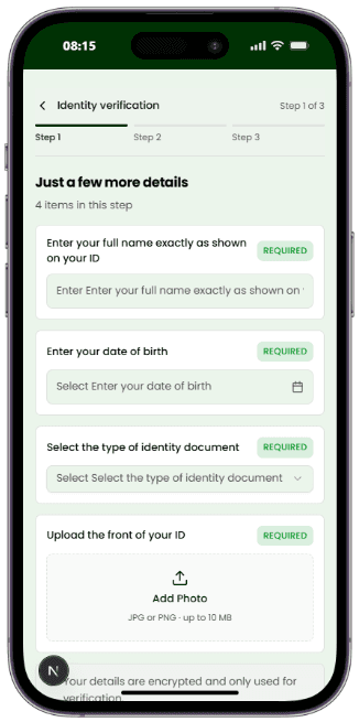 Step 1 of the wizard: personal and document details