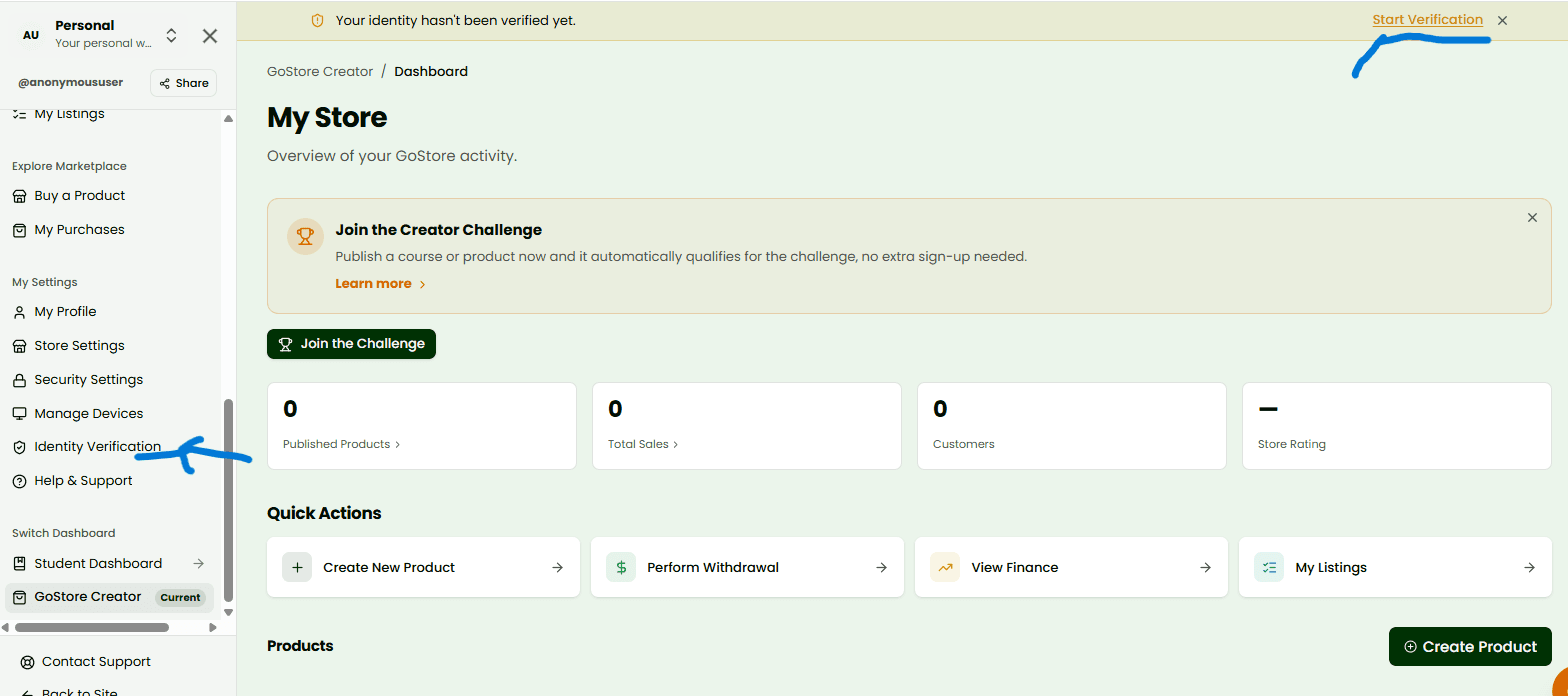 The Identity Verification link in the sidebar, and the reminder banner