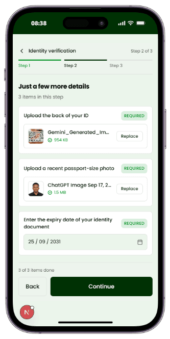 Step 2 of the wizard: uploading your document photos