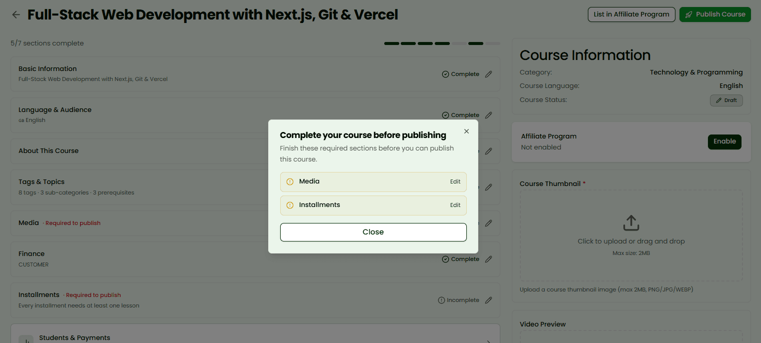 The Publish button and the requirements screen