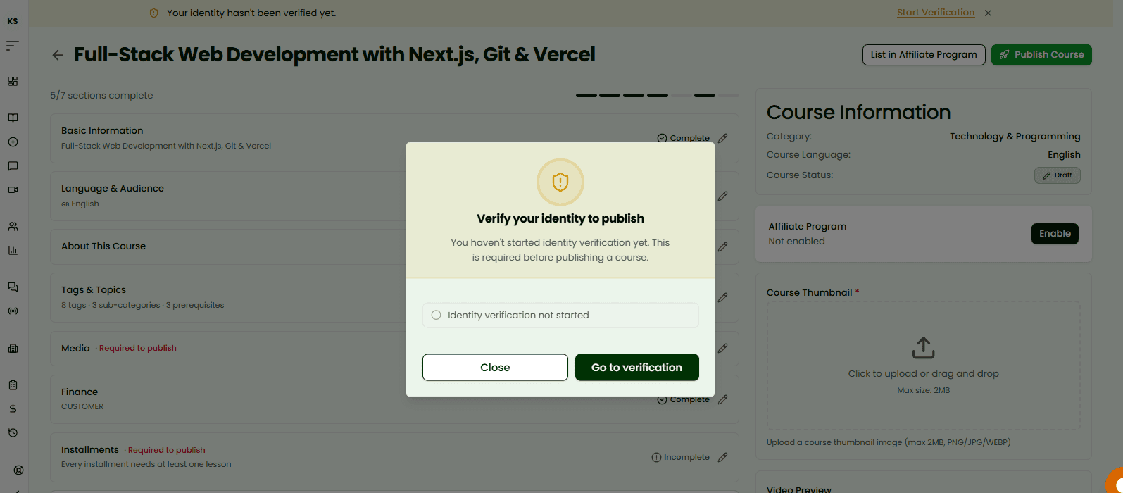 The identity verification requirement blocking a course from publishing