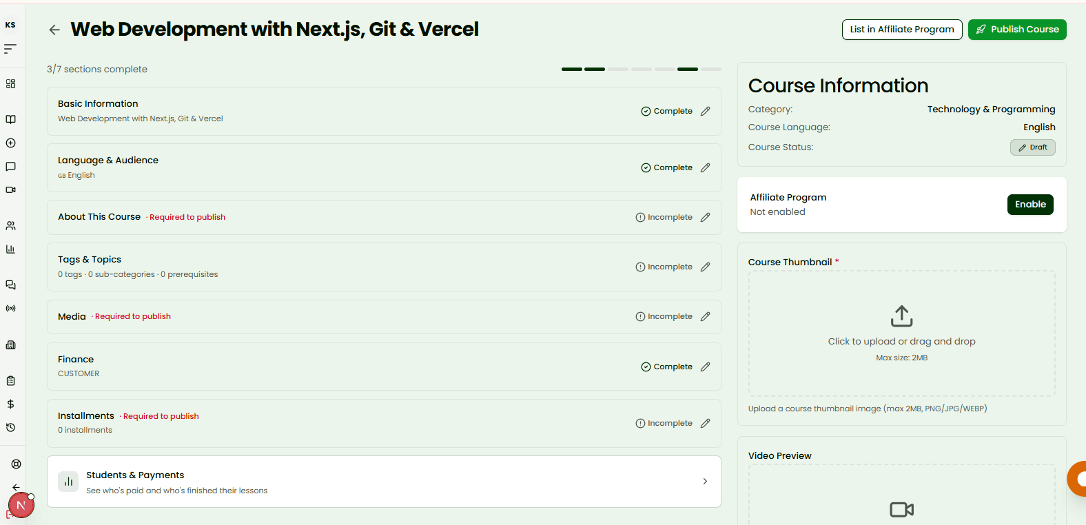 The course overview page showing required and optional sections