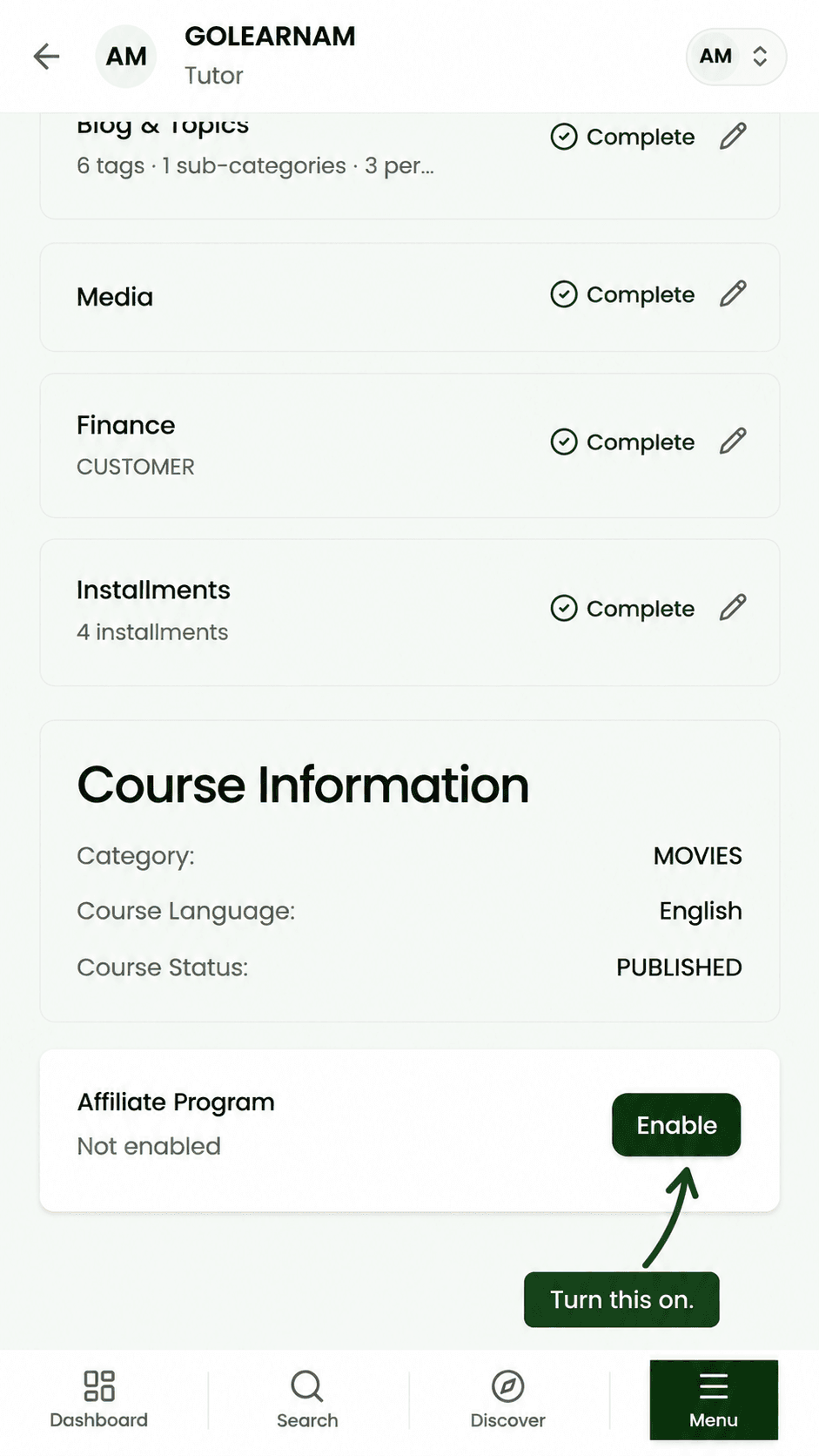 Enable affiliate listing on course