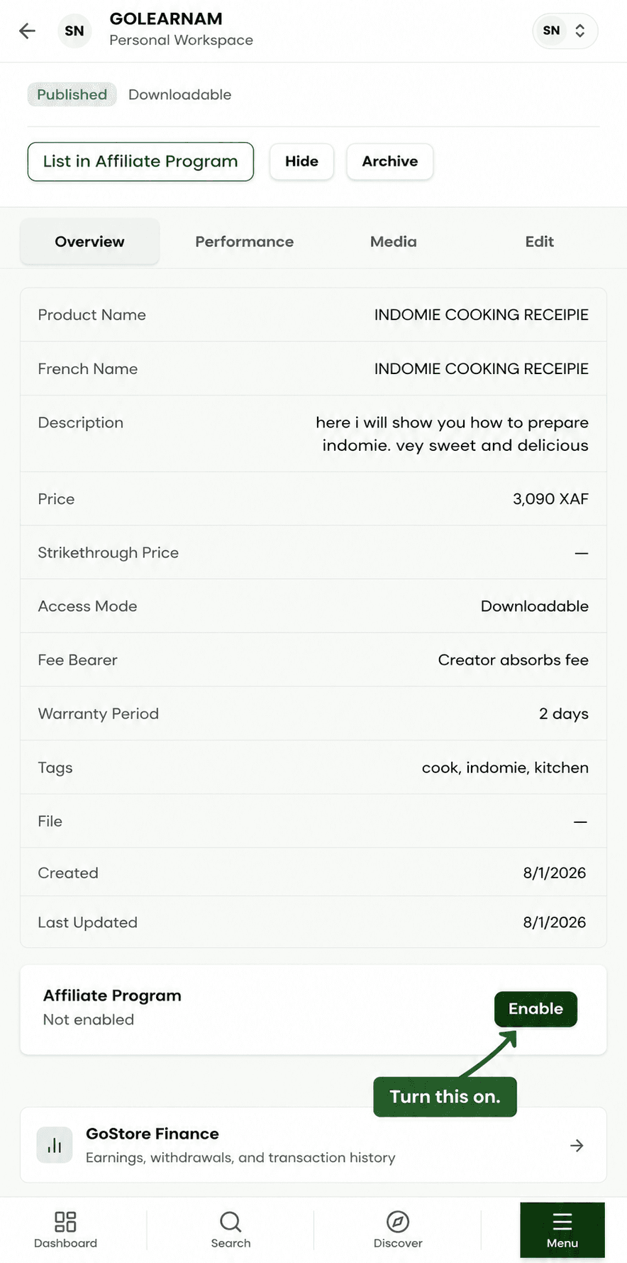 Product enable affiliate